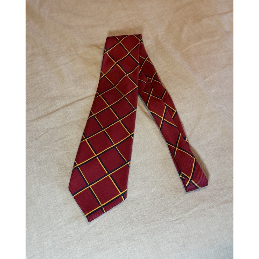 Michelsons of London 100% Silk Neck Tie Red Yellow Blue Square Pattern.